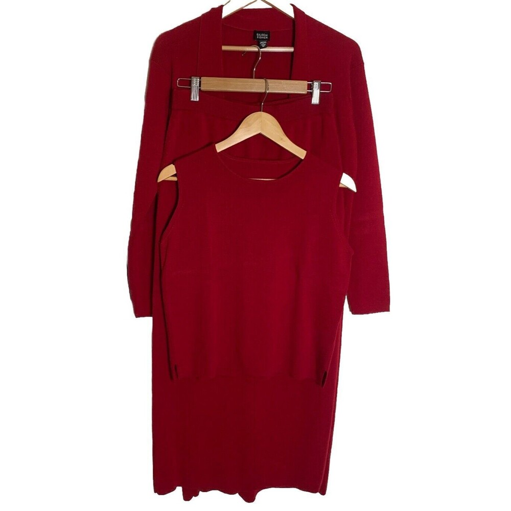 Eileen Fisher Deep Red Knit Dress and Cardigan Set